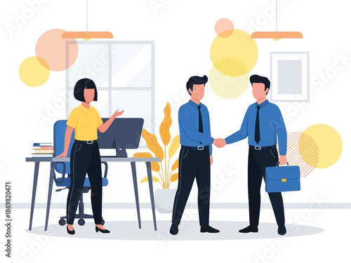 Business people interacting in an office setting with laptop and colorful decor