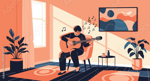 Man playing an acoustic guitar while sitting in a comfortable armchair in a modern living room with floating music notes.