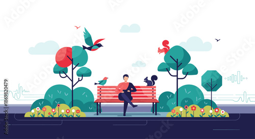 Person sitting on a park bench in a vibrant stylized landscape with trees animals birds and sound wave icons.