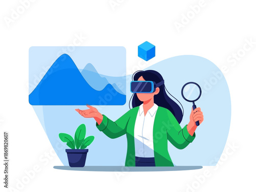 Woman wearing virtual reality goggles and holding a magnifying glass with a plant and mountain landscape