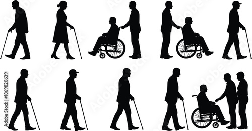 Set of elderly people and disabled silhouettes, walking with canes and wheelchairs, senior care vector illustration isolated on white background.