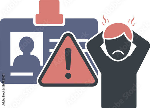 Confused man with id card and warning symbol
