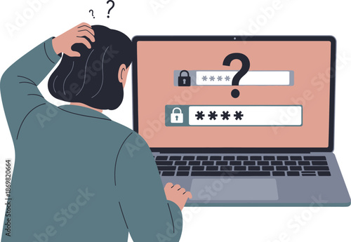 Confused person with password and login screen