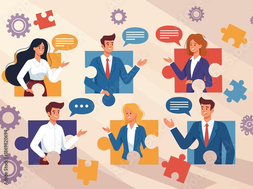 Business people communicating effectively with puzzle pieces and speech bubbles around them in a team