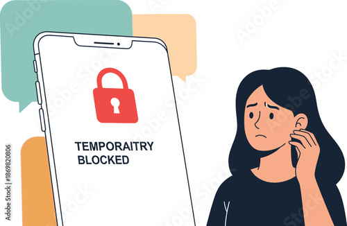 Confused woman with locked phone temporary block screen