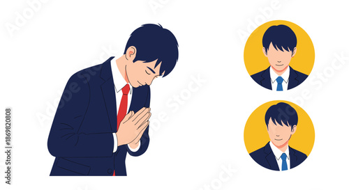 Professional businessman in a dark blue suit bowing his head in a respectful gesture, showing humility, apology, or gratitude.