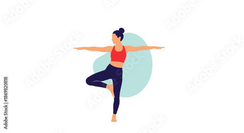 Athletic woman practicing the yoga tree pose for balance and mindfulness against a soft abstract background shape in a studio.