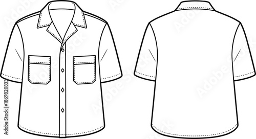 Short sleeve button-up shirt, technical flat sketch, chest pockets, collar stand, stitching details, fashion illustration, garment design, apparel template