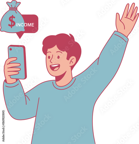 Excited person holding phone and money bag