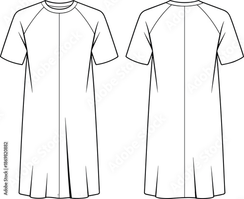 Short sleeve A-line dress, technical flat sketch, raglan sleeves, round neckline, vertical seams, pleated front, fashion design, apparel template