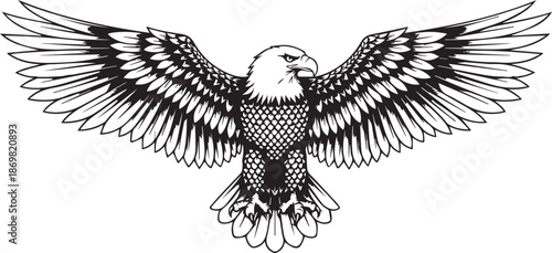 Majestic bald eagle with wings spread in a powerful and iconic black and white illustration