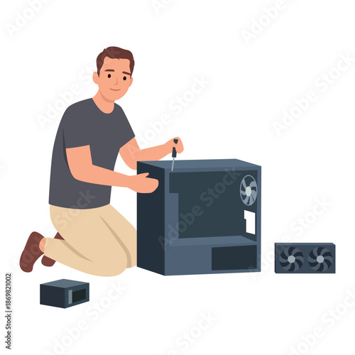 Man Assembling Desktop Computer at Home. Flat vector illustration isolated on white background