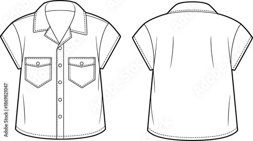 Short sleeve button-up shirt, technical flat sketch, flap pockets, collar stand, topstitching details, fashion illustration, garment design, apparel templatePrint