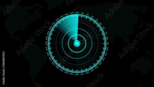 Futuristic radar screen loop with circular grid and scanning beam, digital surveillance HUD interface showing target detection and loading animation
