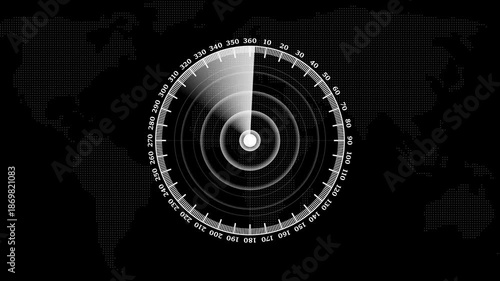 Futuristic radar screen loop with circular grid and scanning beam, digital surveillance HUD interface showing target detection and loading animation