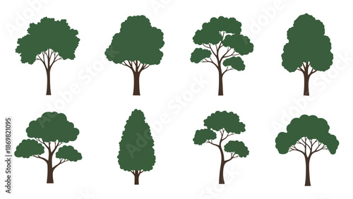 A collection of diverse tree silhouettes in shades of green and brown