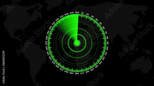Futuristic radar screen loop with circular grid and scanning beam, digital surveillance HUD interface showing target detection and loading animation