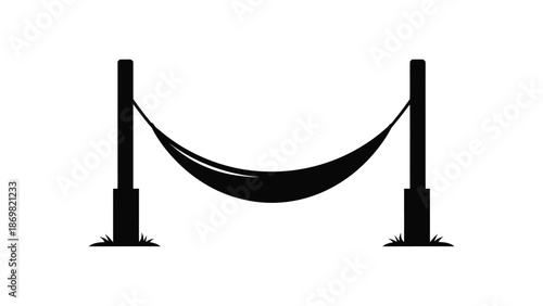 Simple black and white illustration of a hammock suspended between two posts