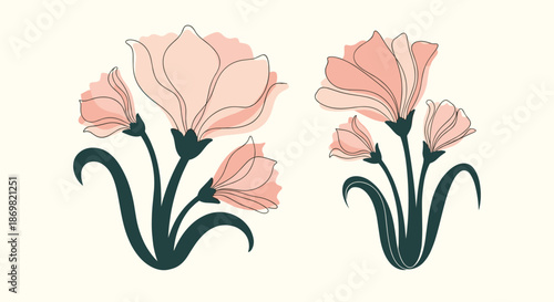 Elegant floral line art illustrations with soft pink watercolor accents, showing multiple flowers on thin stems and green leaves.