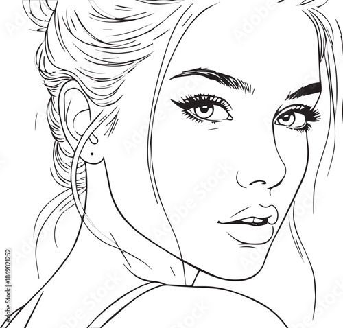 A captivating line art illustration of a woman gazing over her shoulder with an alluring expression