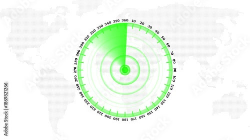 Futuristic radar screen loop with circular grid and scanning beam, digital surveillance HUD interface showing target detection and loading animation