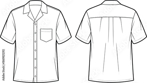 Short sleeve button-up shirt, technical flat sketch, notched collar, chest pocket, pleated back, fashion design, garment illustration, apparel template