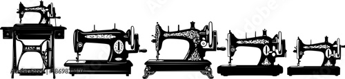 A Silhouette Pattern of Six Vintage Sewing Machines on a White Background
