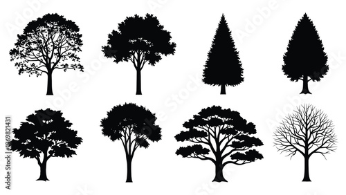 Collection of various black silhouette tree shapes against a white background