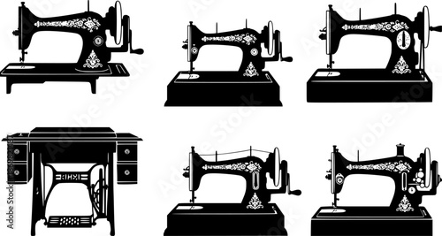 A Silhouette Pattern of Six Vintage Sewing Machines on a White Background
