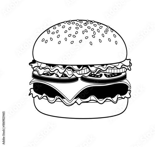 Detailed line drawing of a classic hamburger with all the fixings, perfect for a coloring activity Vector