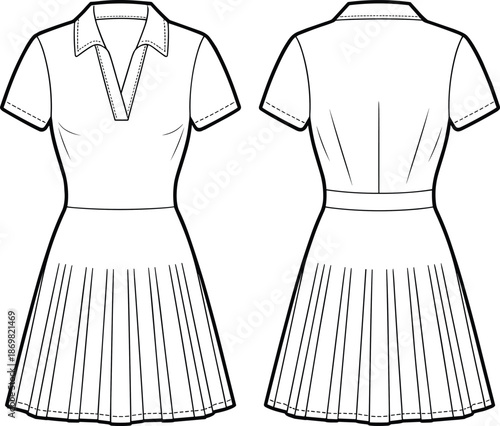 Short sleeve dress flat sketch, fashion technical drawing, V‑neckline design, pleated skirt, fitted bodice, garment illustration, apparel template, clothing design