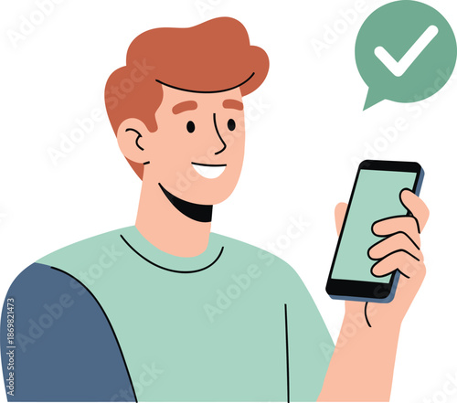 Happy man holding phone with check mark icon