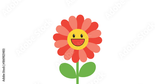 Cute cartoon flower with a happy smiling face and vibrant red petals, standing tall on a simple green stem and leaves.