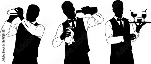 Set of bartender silhouette vector on white background
