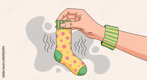 Human hand holding a yellow and green polka dot sock that is emitting unpleasant odors, represented by black wavy lines.