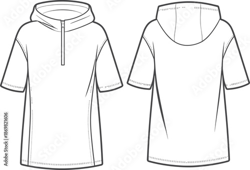 Short sleeve hooded pullover, technical flat sketch, half-zip front, vertical seams, relaxed fit, fashion design, garment illustration, apparel template