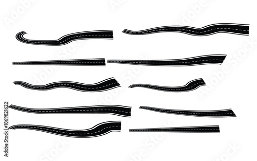 Collection of various winding road segments and highway paths on white background
