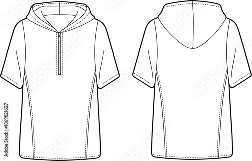 Short sleeve hooded shirt, technical flat sketch, zipper placket, curved seams, fitted silhouette, fashion design, garment illustration, apparel template