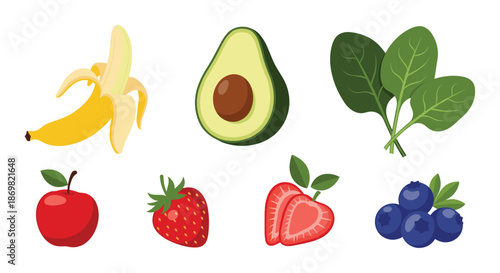 Selection of healthy food ingredients including a banana, avocado, spinach leaves, apple, strawberry, and fresh blueberries.