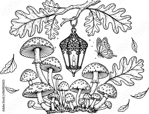 Enchanted forest elements in vintage engraving style: mushrooms, lantern, oak leaves, and butterfly
