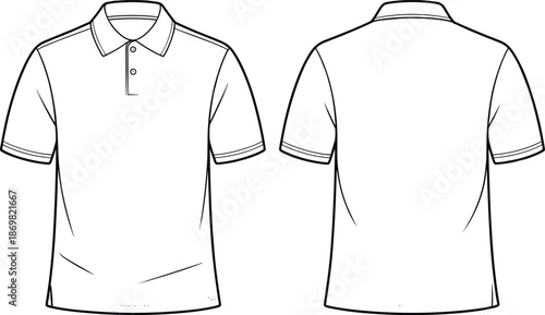 Short sleeve polo shirt, technical flat sketch, fashion design template, apparel illustration, front and back view, garment construction, vector drawing
