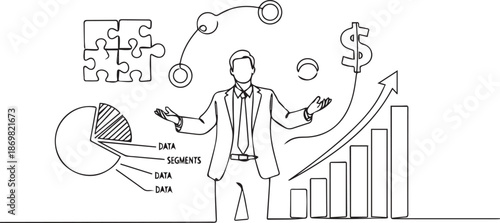 Businessman juggling data, financial growth, and strategic planning elements