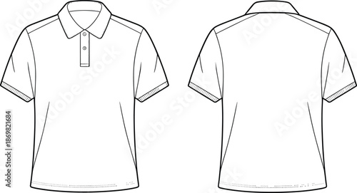 Short sleeve polo shirt sketch, front and back view, technical fashion drawing, garment design, apparel template, clothing illustration, flat art