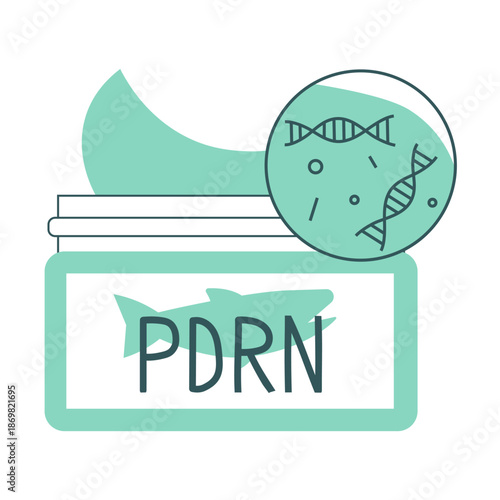 Anti-aging skincare facial cream with salmon PDRN. K-beauty innovation for revitalization and regeneration. Dropper with essence with DNA helix.