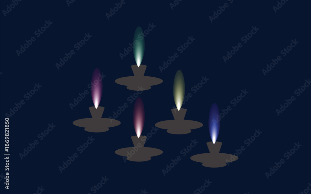 Fototapeta premium Five colorful glowing oil lamps arranged in pyramid shape on dark blue backdrop