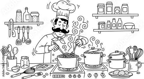 A chef boiling pasta in kitchen, doodle style illustration
