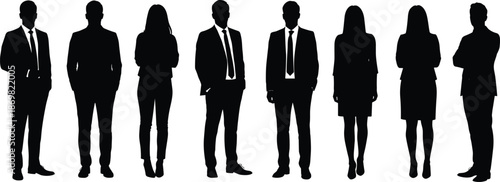 Silhouettes of diverse business professionals, men and women in formal attire, teamwork, leadership, corporate staff, office unity, collaboration, success