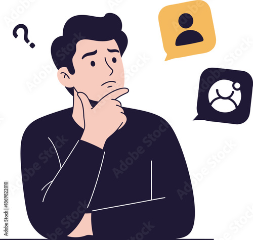 Thinking man with question and chat bubbles