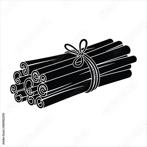 Bundle of tied cinnamon sticks organic food branding silhouette vector illustration isolated in black and white