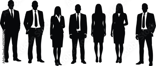 Silhouettes of diverse business professionals, men and women in formal attire, teamwork,